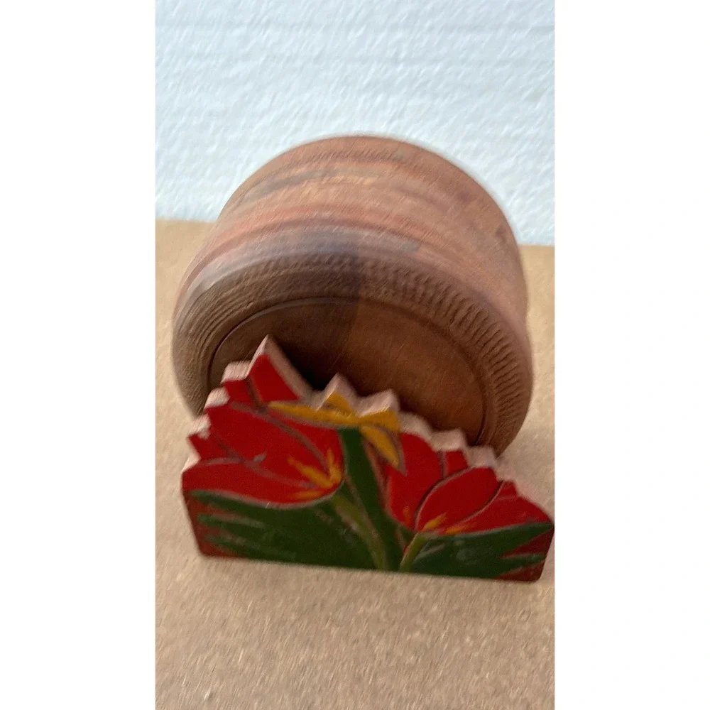 Vintage Wooden Coaster Set with Painted‎ Tulip Holder 6 Piece Rustic Folk Art